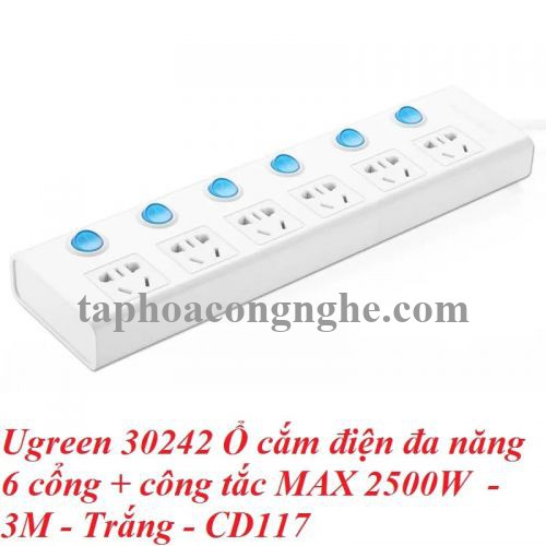 Ugreen 30242 3M Màu Trắng Ổ cắm điện đa năng 6 cổng + công tắc MAX 2500W CD117 30030242